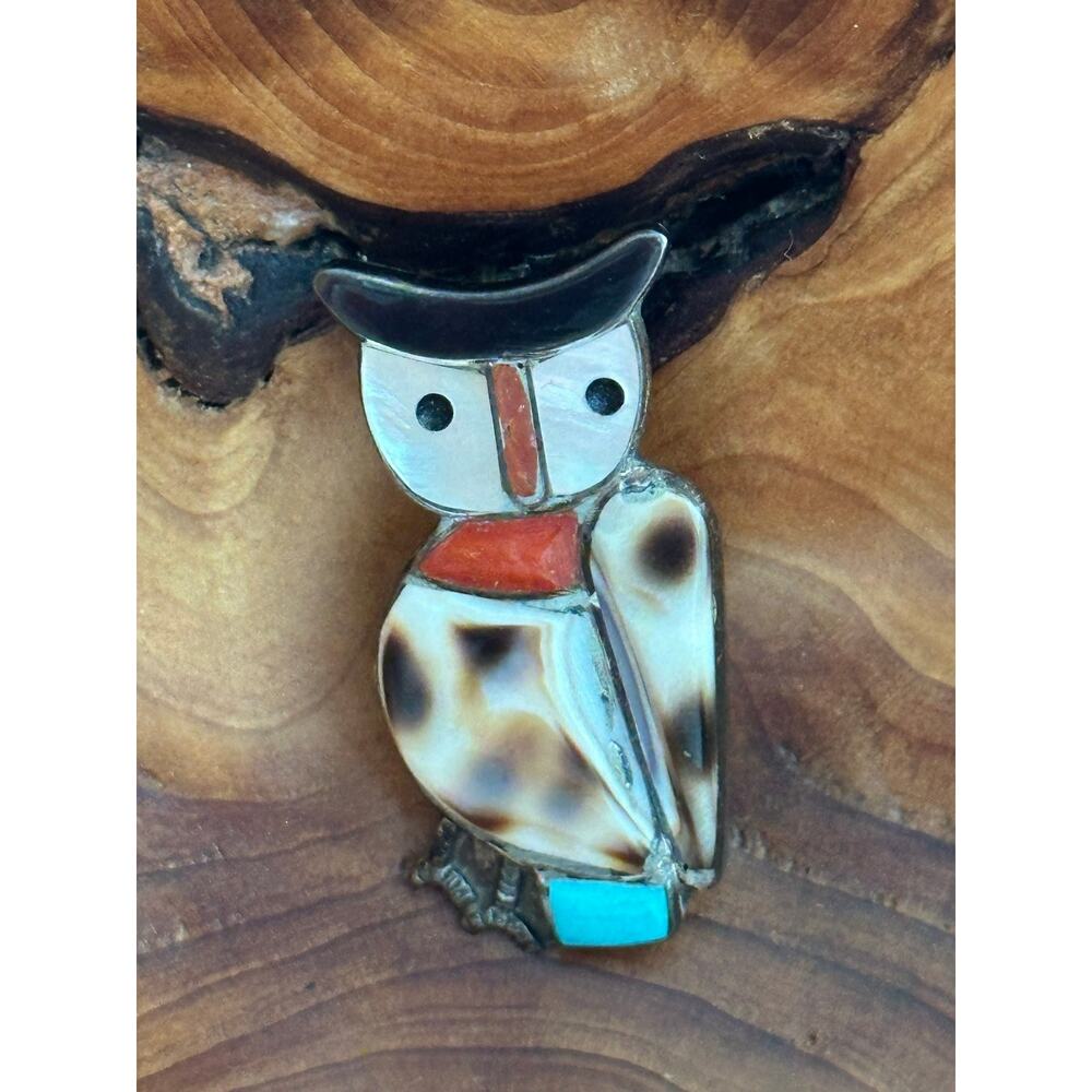 Zuni Sterling Silver Owl Brooch /pendant Inlay Turquoise Shell Native American